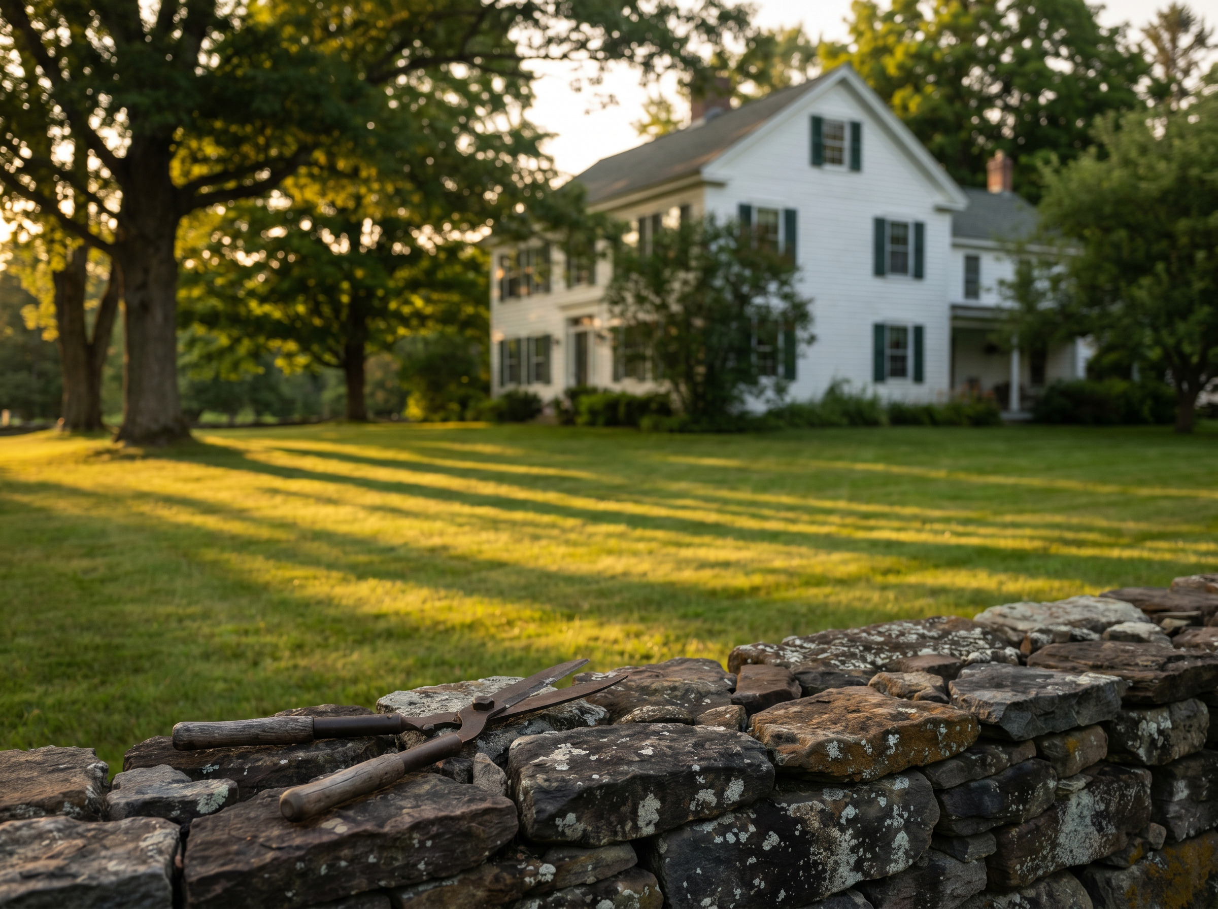 A kept summer property in the Capital Region — lawn freshly mowed, beds edged, the late afternoon light warming the back of the house.